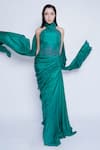 Buy_Sonaakshi Raaj_Green Silk Satin Embroidery Floral Halter Neck Draped Gown  _Online_at_Aza_Fashions