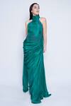 Shop_Sonaakshi Raaj_Green Silk Satin Halter Neck Draped Gown_Online_at_Aza_Fashions