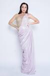 Buy_Sonaakshi Raaj_Purple Shimmer Lycra Embellished Crystal Round One Sleeve Saree Gown  _at_Aza_Fashions