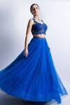 Sonaakshi Raaj_Blue Swiss Net Embellished Skirt With Draped Blouse_Online_at_Aza_Fashions