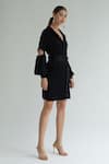 APZ_Black Silk Plain Straight Collar Cutout Sleeve Dress  _Online_at_Aza_Fashions