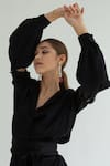 Shop_APZ_Black Silk Plain Straight Collar Cutout Sleeve Dress  _Online_at_Aza_Fashions