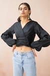 Buy_APZ_Black Pure Silk Lining Silk-satin V Neck Soie Blouse  _at_Aza_Fashions