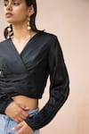 APZ_Black Pure Silk Lining Silk-satin V Neck Soie Blouse  _Online_at_Aza_Fashions