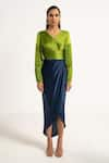 Buy_APZ_Green Pure Silk Lining Silk-satin V Neck Soie Pleated Blouse  _at_Aza_Fashions