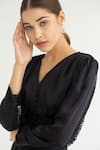 APZ_Black Pure Silk Lining Silk-satin V Neck Rosa Blouse  _at_Aza_Fashions