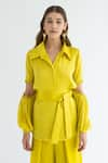 Buy_APZ_Yellow Silk Plain Straight Collar Cutout Sleeve Shirt  _at_Aza_Fashions