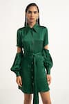 Buy_APZ_Green Silk Plain Straight Collar Serpentine Shirt Dress  _at_Aza_Fashions