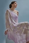 Cherie D_Purple Lamhe Embroidery Crystal Asymmetric Sass One Shoulder Kaftan _Online_at_Aza_Fashions