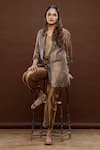 Shop_Bodhi Tree_Brown Silk, Gauze Zari, Tussar Panelled V Neck Colourblock Jacket Pant Set _at_Aza_Fashions