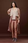 Buy_Bodhi Tree_Pink Gauze Zari V Neck Colourblock Trench Coat Pant Set _at_Aza_Fashions