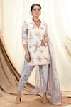 Buy_Aaryaa By Kashveen Kohli_White Kurta Cotton And Embroidery Foil V Neck Floral Dhoti Pant Set _at_Aza_Fashions