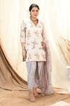 Aaryaa By Kashveen Kohli_White Kurta Cotton And Embroidery Foil V Neck Floral Dhoti Pant Set _Online_at_Aza_Fashions