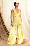 Buy_Aaryaa By Kashveen Kohli_Yellow Cotton And Mul Embroidery Thread & Sequin V Ruffle Trim Crop Top & Pant Set _at_Aza_Fashions