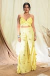 Aaryaa By Kashveen Kohli_Yellow Cotton And Mul Embroidery Thread & Sequin V Ruffle Trim Crop Top & Pant Set _Online_at_Aza_Fashions