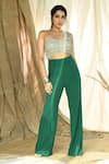 Buy_Aaryaa By Kashveen Kohli_Green Shimmer Pleated And Scuba One Shoulder Crop Top & Pant Set _at_Aza_Fashions