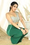 Aaryaa By Kashveen Kohli_Green Shimmer Pleated And Scuba One Shoulder Crop Top & Pant Set _Online_at_Aza_Fashions