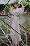 Aaryaa By Kashveen Kohli_Gold Shimmer Stretch Embellishment Beads V Neck Kaftan With Belt _at_Aza_Fashions