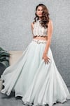 Buy_Aaryaa By Kashveen Kohli_Blue Skirt Organza And Crop Top Silk Embroidery Thread Round & Set_at_Aza_Fashions