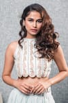 Aaryaa By Kashveen Kohli_Blue Skirt Organza And Crop Top Silk Embroidery Thread Round & Set_Online_at_Aza_Fashions
