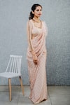 Buy_Aaryaa By Kashveen Kohli_Peach Saree Crepe And Lace & Blouse Soft Net Embroidery & Print Pre-draped With _at_Aza_Fashions