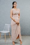 Buy_Aaryaa By Kashveen Kohli_Peach Skirt Shimmer Georgette Embroidery Mirror V Neck Peplum Top And Draped Set _Online_at_Aza_Fashions