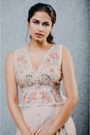 Aaryaa By Kashveen Kohli_Peach Skirt Shimmer Georgette Embroidery Mirror V Neck Peplum Top And Draped Set _at_Aza_Fashions