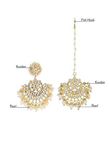 Ishhaara_Gold Plated Pearls, Diamonds Kundan Chandbalis And Maangtikka Set _Online_at_Aza_Fashions