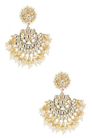 Shop_Ishhaara_Gold Plated Pearls, Diamonds Kundan Chandbalis And Maangtikka Set _Online_at_Aza_Fashions