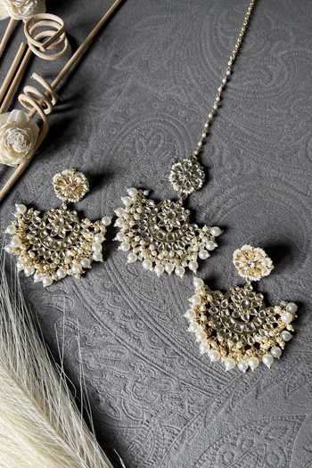 Shop_Ishhaara_Gold Plated Pearls, Diamonds And White Kundan Chandbalis Set _Online_at_Aza_Fashions