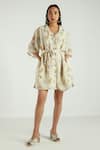 Buy_Reistor_Beige 100% Crepe Leaf Motifs Collared Neck Boxy Shirt Dress  _at_Aza_Fashions