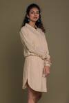 Reistor_Beige Hemp Solid Collared Neck Shirt Dress  _Online_at_Aza_Fashions