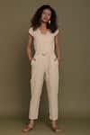 Buy_Reistor_Beige Hemp Solid V Neck Straight-leg Jumpsuit  _at_Aza_Fashions