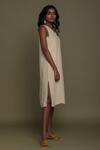 Reistor_Beige Hemp Solid V Neck Side Pocket Dress  _Online_at_Aza_Fashions