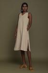 Shop_Reistor_Beige Hemp Solid V Neck Side Pocket Dress  _Online_at_Aza_Fashions