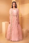 Buy_Miku Kumar_Peach Georgette Embroidered Floral Motifs Draped Gown With Ruffle Cape  _at_Aza_Fashions