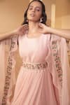 Buy_Miku Kumar_Peach Georgette Embroidered Floral Motifs Draped Gown With Ruffle Cape  _Online_at_Aza_Fashions