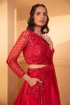 Shop_Miku Kumar_Red Net Embroidered Floral Motifs Round Flared Skirt Set _Online_at_Aza_Fashions