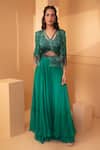 Buy_Miku Kumar_Green Net, Georgette Floral Motifs V Neck Culottes Set With Embroidered Cape _at_Aza_Fashions