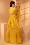 Shop_Miku Kumar_Yellow Net Embroidered Floral Motifs Notched Peplum Jacket Skirt Set _at_Aza_Fashions