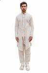 Shop_Ankur J_White Cotton Silk Mirror Work, Thread Reflex Jaune Embroidered Jacket Pant Set _at_Aza_Fashions