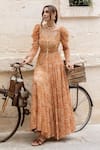 Buy_THE IASO_Orange Viscose Crinkle Chiffon Printed Abstract Square Neck Dress_at_Aza_Fashions