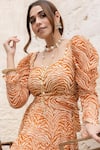 Shop_THE IASO_Orange Viscose Crinkle Chiffon Printed Abstract Square Neck Dress_at_Aza_Fashions