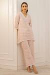 Shop_Mulmul_Pink 100% Pure Pima Cotton Embroidery Floral V Cove Tunic And Pant Set _at_Aza_Fashions