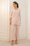Mulmul_Pink 100% Pure Pima Cotton Embroidery Floral V Cove Tunic And Pant Set _Online_at_Aza_Fashions