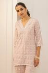 Buy_Mulmul_Pink 100% Pure Pima Cotton Embroidery Floral V Cove Tunic And Pant Set _Online_at_Aza_Fashions