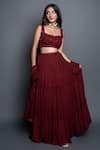 Buy_Shahmeen Husain_Maroon Chikankari Embroidered Floral Motifs Scoop Tiered Pleated Lehenga Set _at_Aza_Fashions