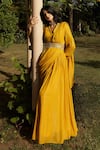 Buy_Seeaash_Yellow Lurex Embroidery Mirror Collared Pre-draped Sharara Saree With Blouse _at_Aza_Fashions