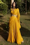 Seeaash_Yellow Lurex Embroidery Mirror Collared Pre-draped Sharara Saree With Blouse _Online_at_Aza_Fashions