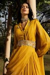 Seeaash_Yellow Lurex Embroidery Mirror Collared Pre-draped Sharara Saree With Blouse _at_Aza_Fashions